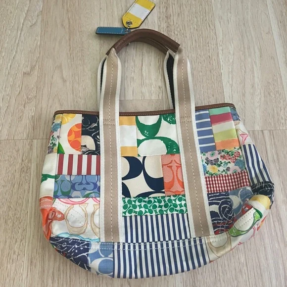 Vintage Y2K Coach Patchwork Canvas Tote in Multicolor with Tan Handles - Picture 2 of 4